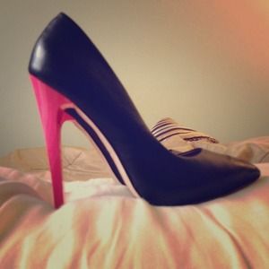 L.A.M.B black and neon pink pumps