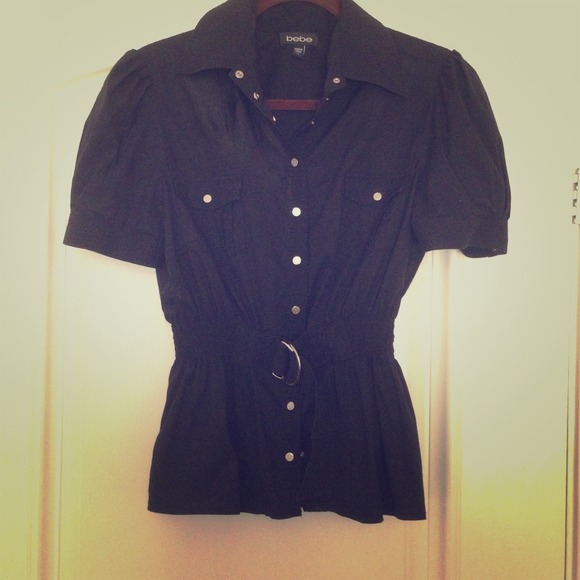 BEBE Belted Button Up Top Sz L