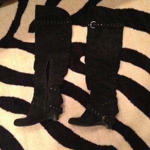 Knee high suede boots with silver metal hardware