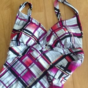 Purple & pink plaid with black/gold tankini top