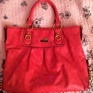 Pink faux coach tote with gold accents