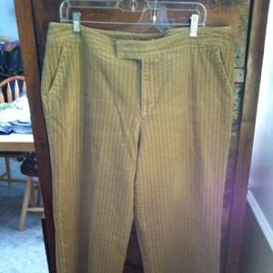 Tan corduroy pants and red top