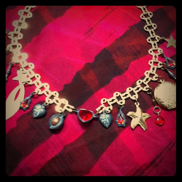 Vintage Boho Gold, Red and Black Charms Necklace