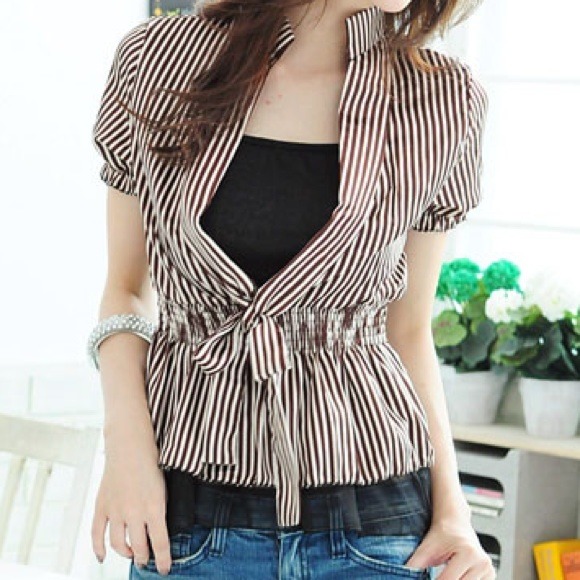 🔴SOLD🔴 Brown Striped Satin High Collar