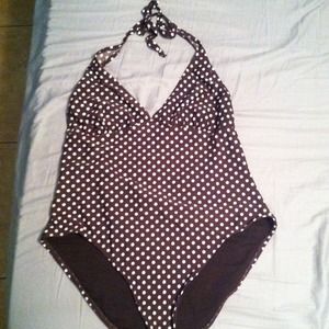 Brown and white polka dot bathing suit