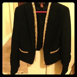 Medium Black blazer with gold sequence accents.