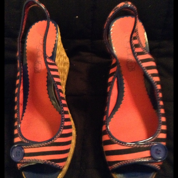 Sugar Hot-Pink and black-striped high-heel wedges