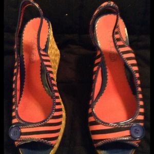 Sugar Hot-Pink and black-striped high-heel wedges