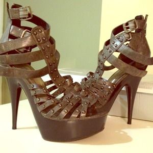 Grey studded high platform with buckles heels