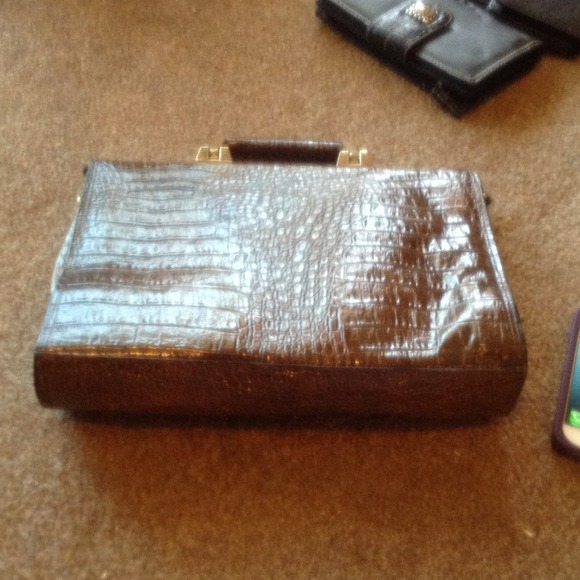 Brown leather snake skin briefcase handbag - Picture 3 of 3