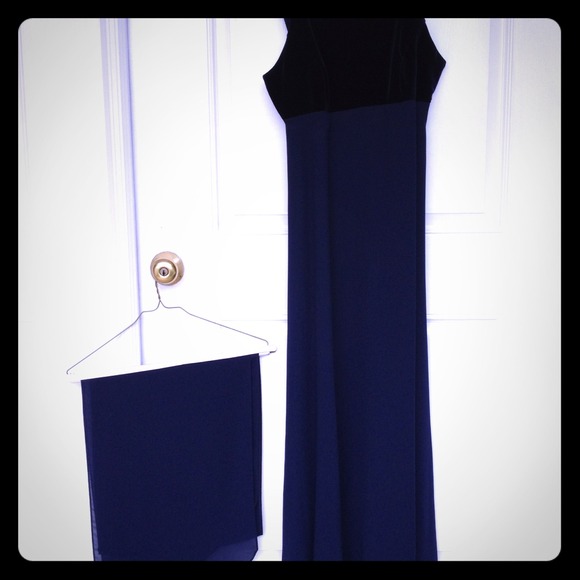 Navy Velvet Top Chiffon Gown with Shawl - Picture 1 of 1