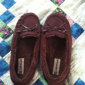 Soft, purple, faux fur moccasins