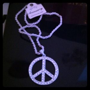 White peace sign necklace with rhinestones