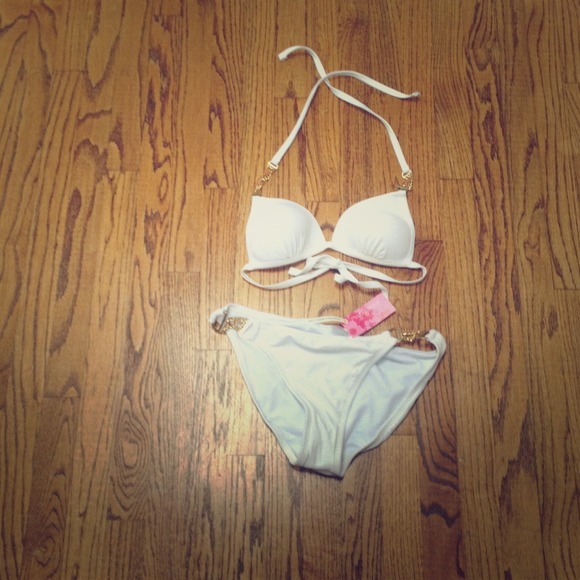 White bikini with gold chain detail