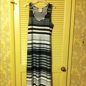 Long black, white, and gray maxi dress.