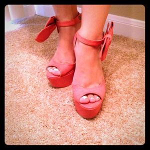 Grapefruit colored, sling back wedges. 5" heel