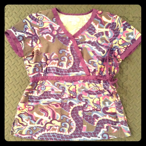 SOLD Koi Olive/Purple/Ceil Empire Waist Scrub Top