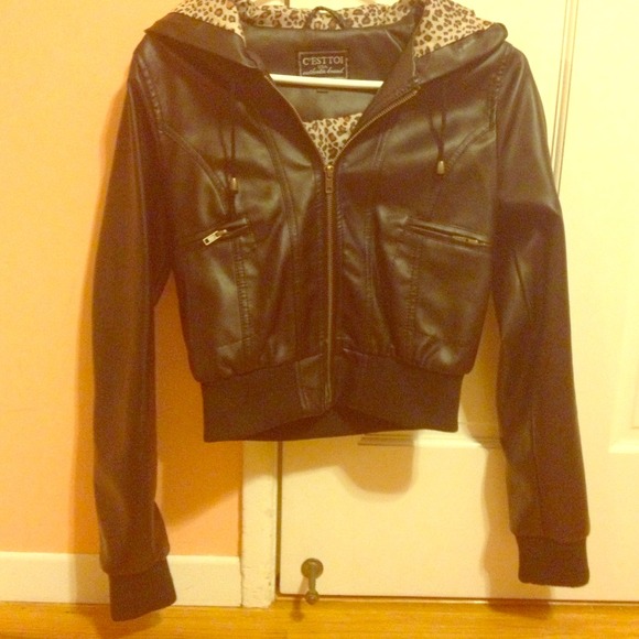 hooded, faux leather jacket