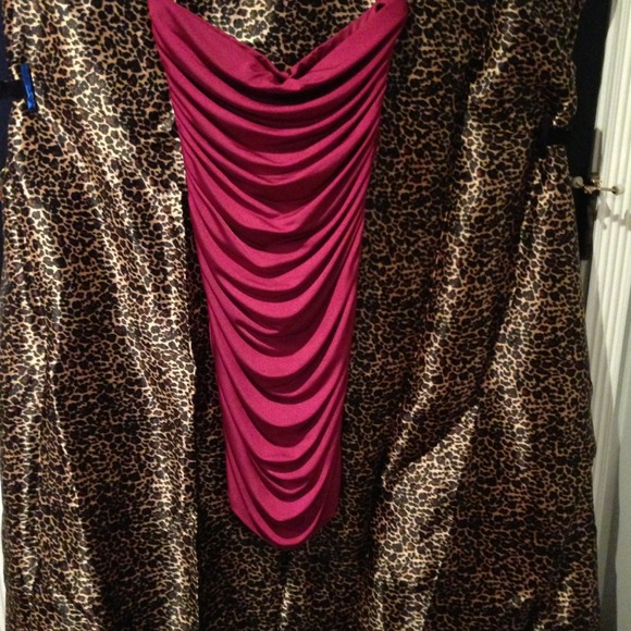 Strapless magenta dress.