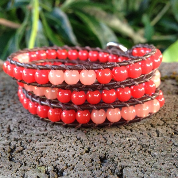 Coral & Dark brown leather triple wrap bracelet🍂
