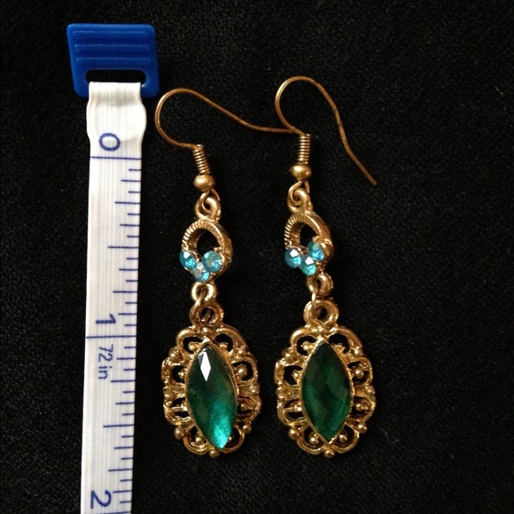 Gold dangling earrings w/ blue & green stones - Picture 2 of 2