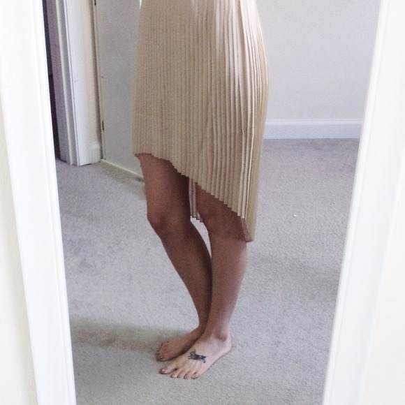 Tan pleated high low skirt beige nude