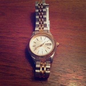 Silver and gold watch.