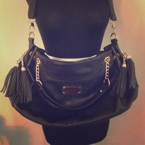 SOLDBlack Real Leather bag  w/ Tassle Gold