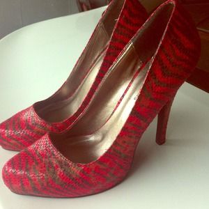 Red zebra strip heels with hint of gold