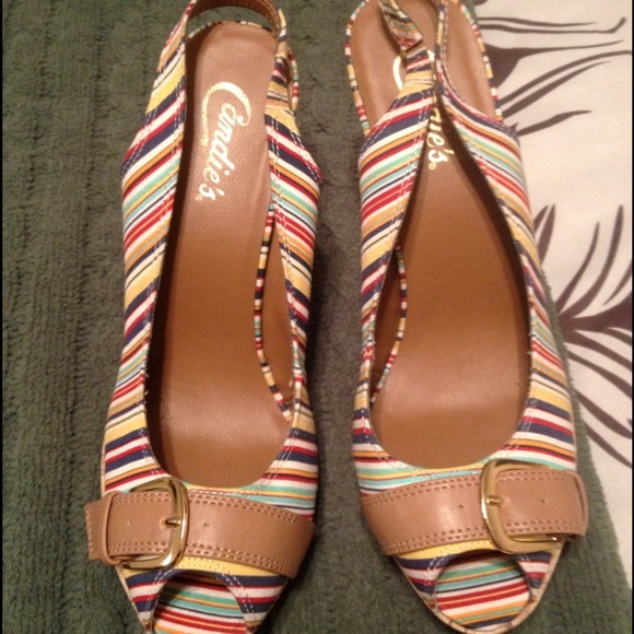 Striped peep toe heels