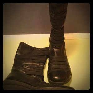 Black leather zip up boots with lacing detail