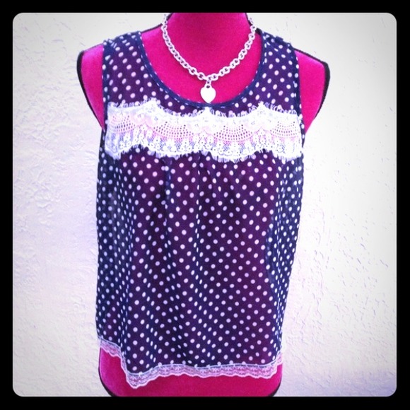 💋SOLD💋 Blue polka dot sheer tank- semi open back