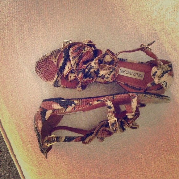 Kelsi Dagger ruffled red snakeskin sandals
