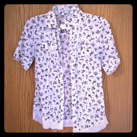Maurice's White Button Up Blouse w/ Blue Florals