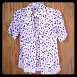 Maurice's White Button Up Blouse w/ Blue Florals