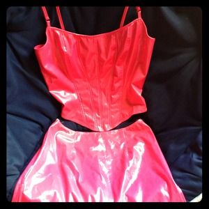 2 piece hot pink pleather skirt and tank top