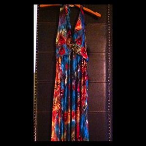 Halter Maxi Dress with Peacock Pattern