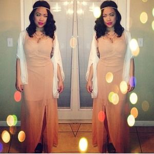 Pretty peach see-through dress  with side slit.