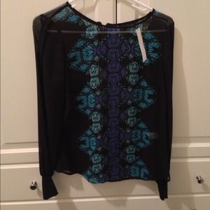 Transparent chic black blouse with blue patterns