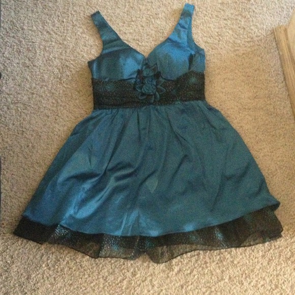 Katia satin empire waist party dress, teal & black