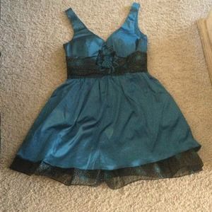 Katia satin empire waist party dress, teal & black
