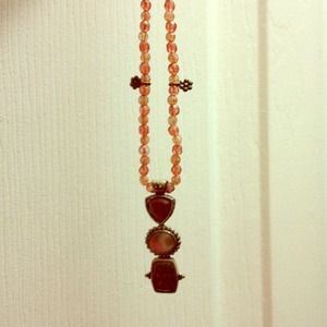 Pink quartz bead necklace with multi-color pendant