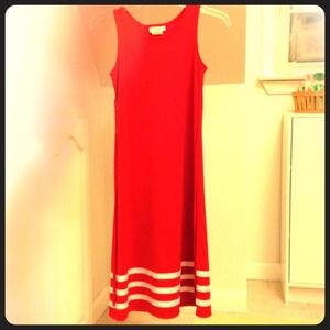 Calf-length red dress.