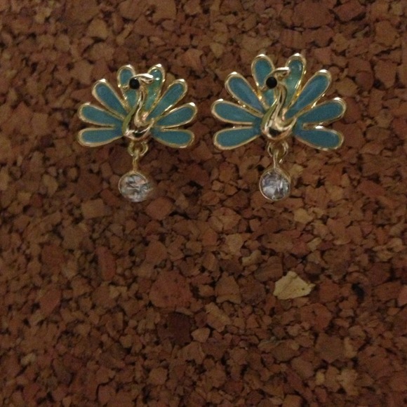 Teal peacock earrings with dangling stone