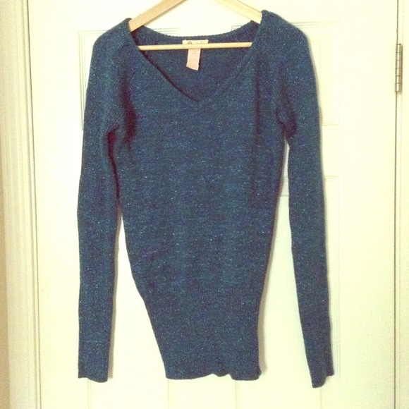 Teal Sparkly V-Neck Tunic Sweater