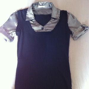 Collared stripped shirt attached black vest