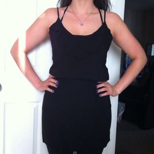 Black ruffle neckline dress