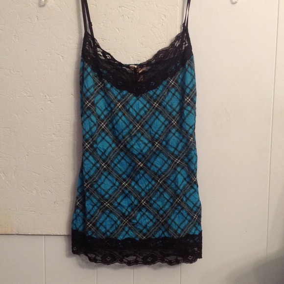 Blue Crinkle Plaid Lace Top