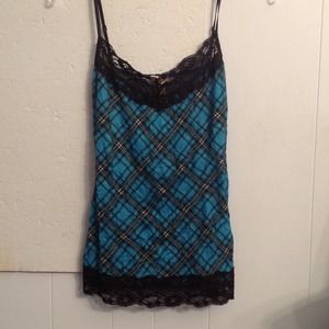 Blue Crinkle Plaid Lace Top