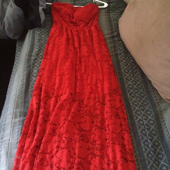 A long red lace dress